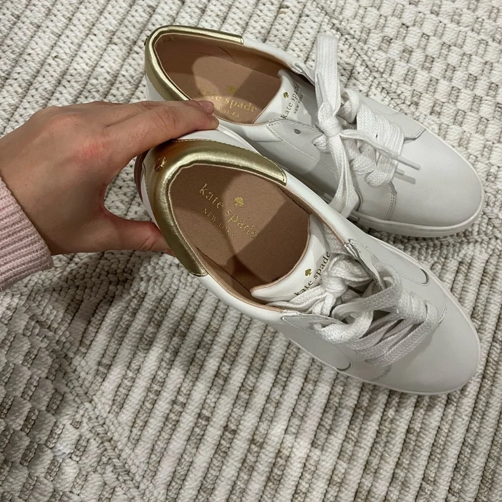 Kate Spade New York Adora Leather White and Gold Sneakers
